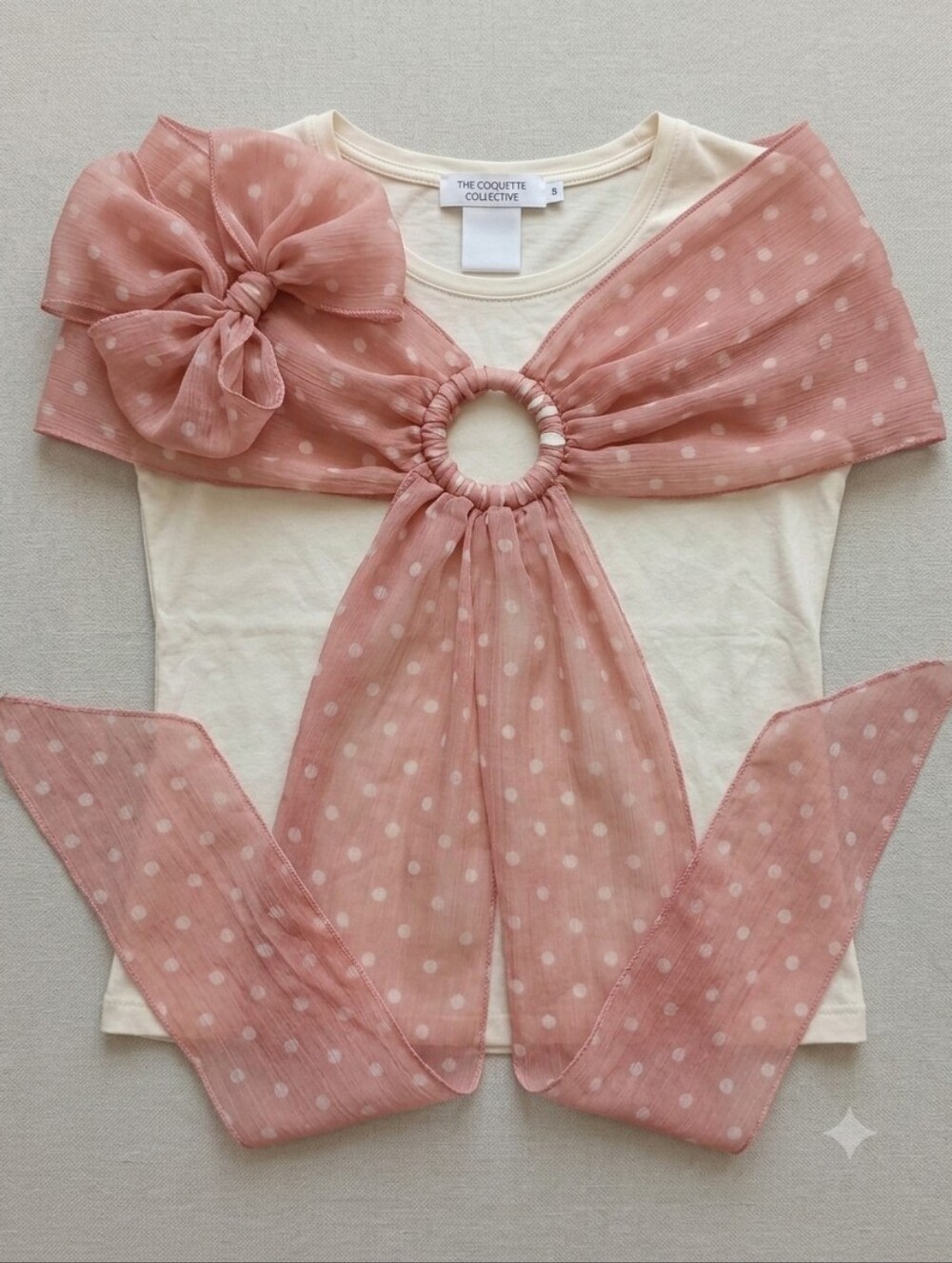 Source Unknown Cream Tee with Dusty Rose Polka Dot Scarf Ring